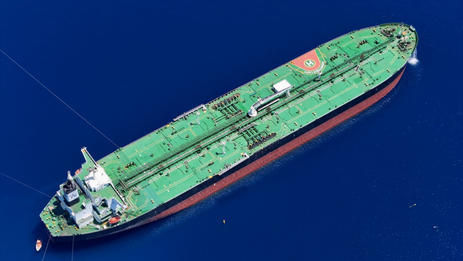 Crude oil tanker at sea, seen from above